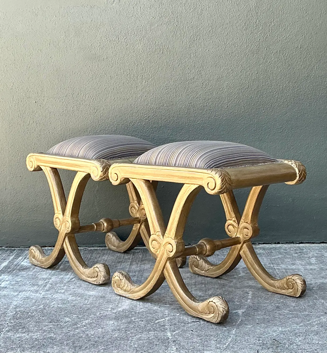 Vintage Gilt Tipped X Benches - A Pair - Side view