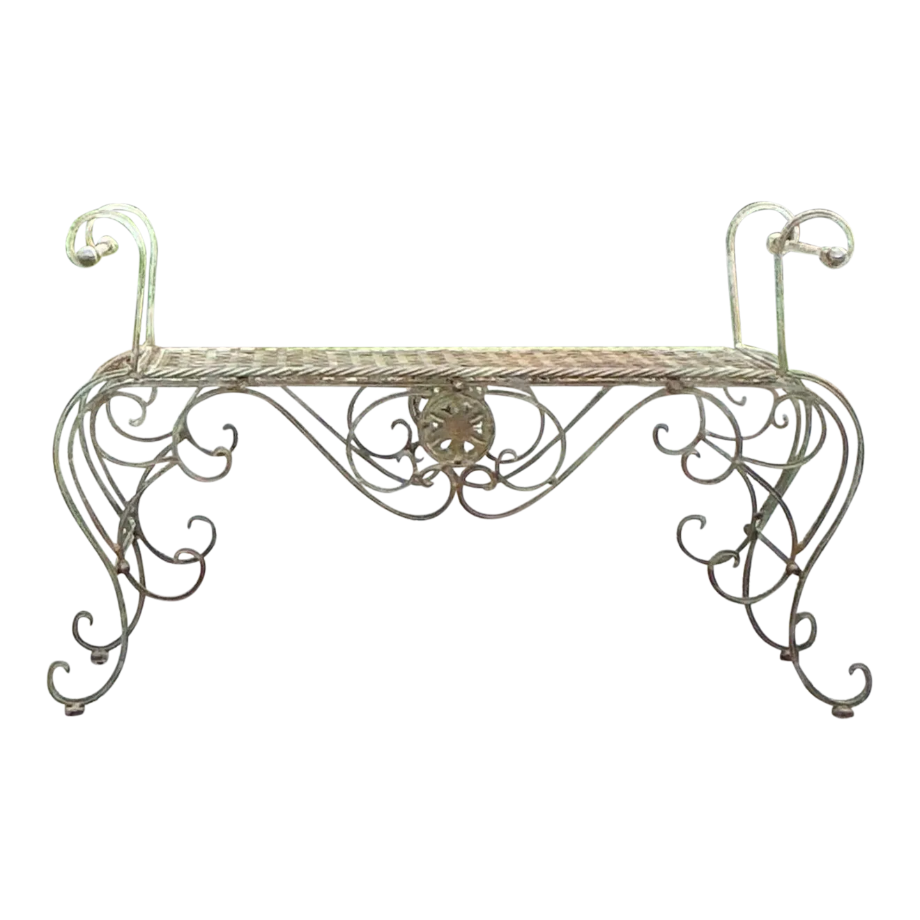 Vintage Gino Patinated Steel Scroll Bench - Detail view