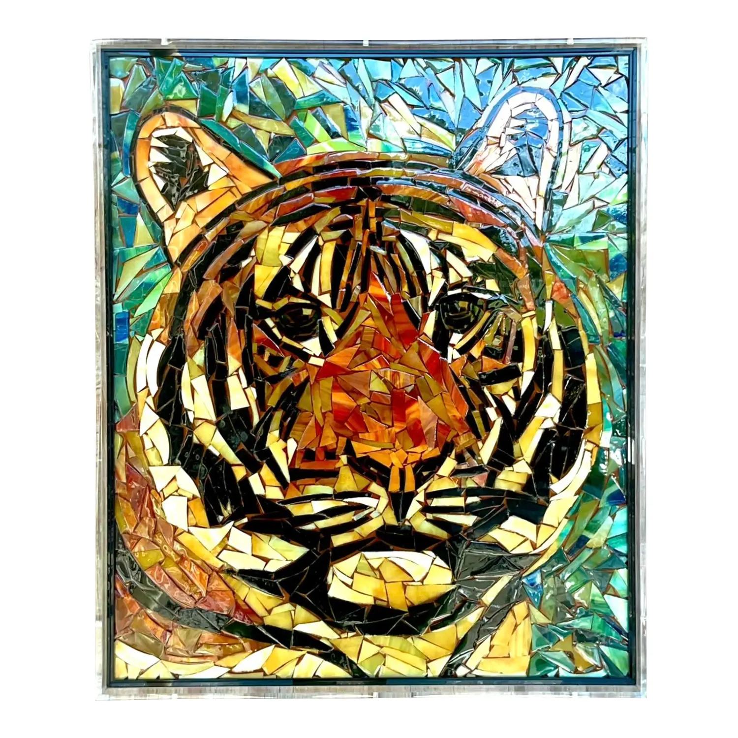 Vintage Glass Mosaic of Tiger in Lucite Box Wall Sculpture
