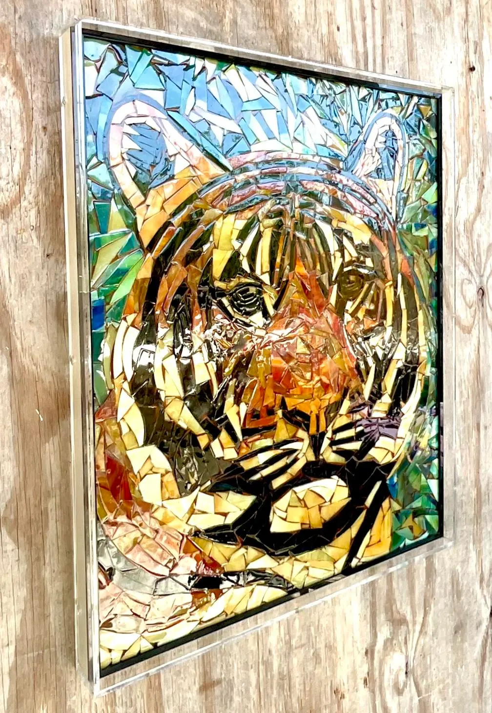 Vintage Glass Mosaic of Tiger in Lucite Box Wall Sculpture - Side view