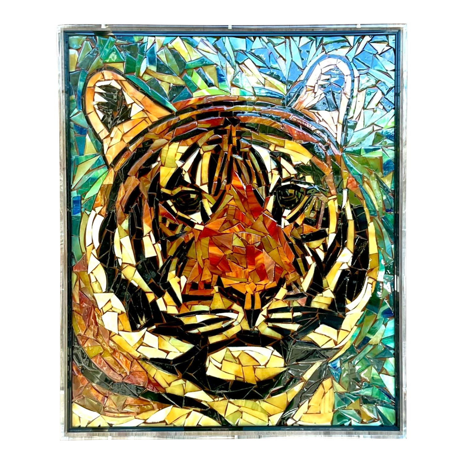 Vintage Glass Mosaic of Tiger in Lucite Box Wall Sculpture - Detail view
