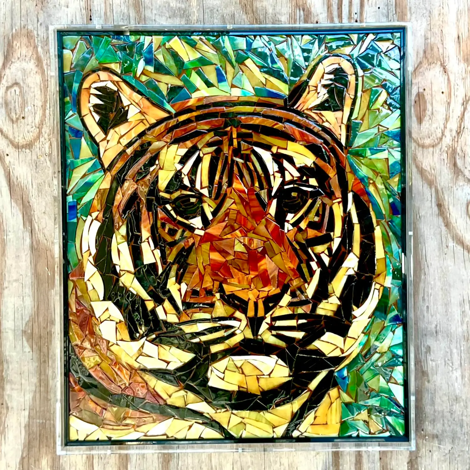 Vintage Glass Mosaic of Tiger in Lucite Box Wall Sculpture - Back view