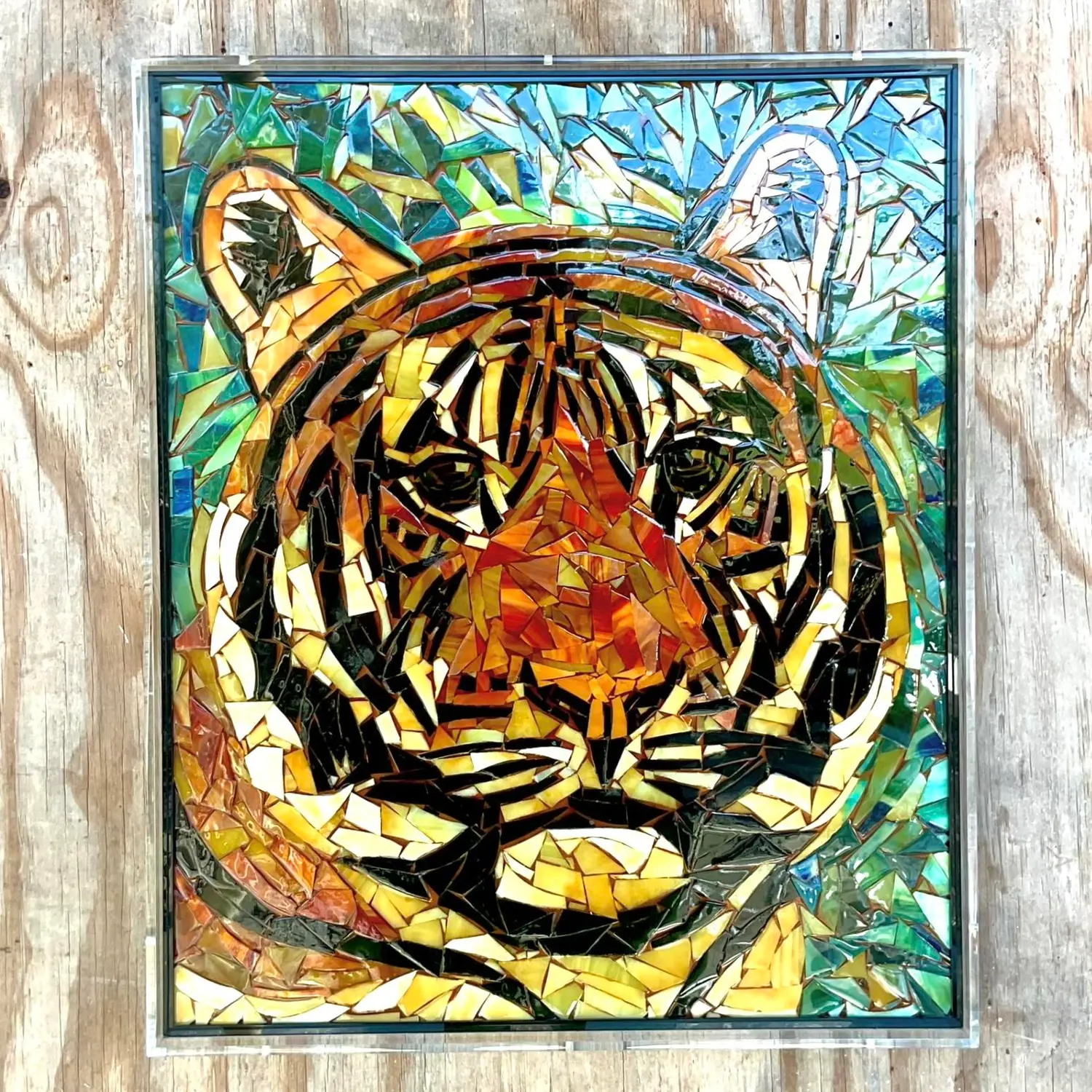Vintage Glass Mosaic of Tiger in Lucite Box Wall Sculpture - Top view