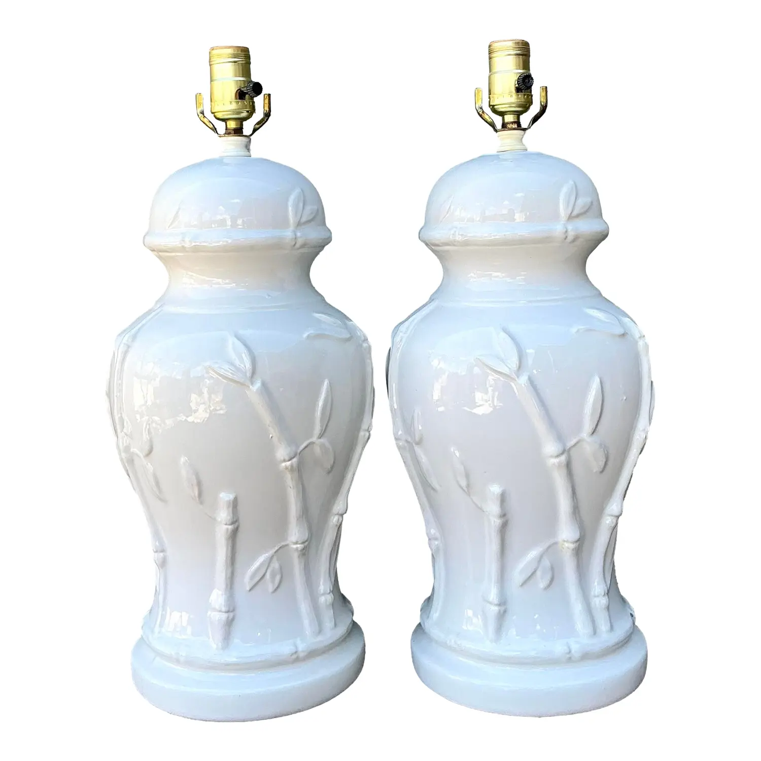 Vintage Glazed Ceramic Bamboo Lamps - A Pair