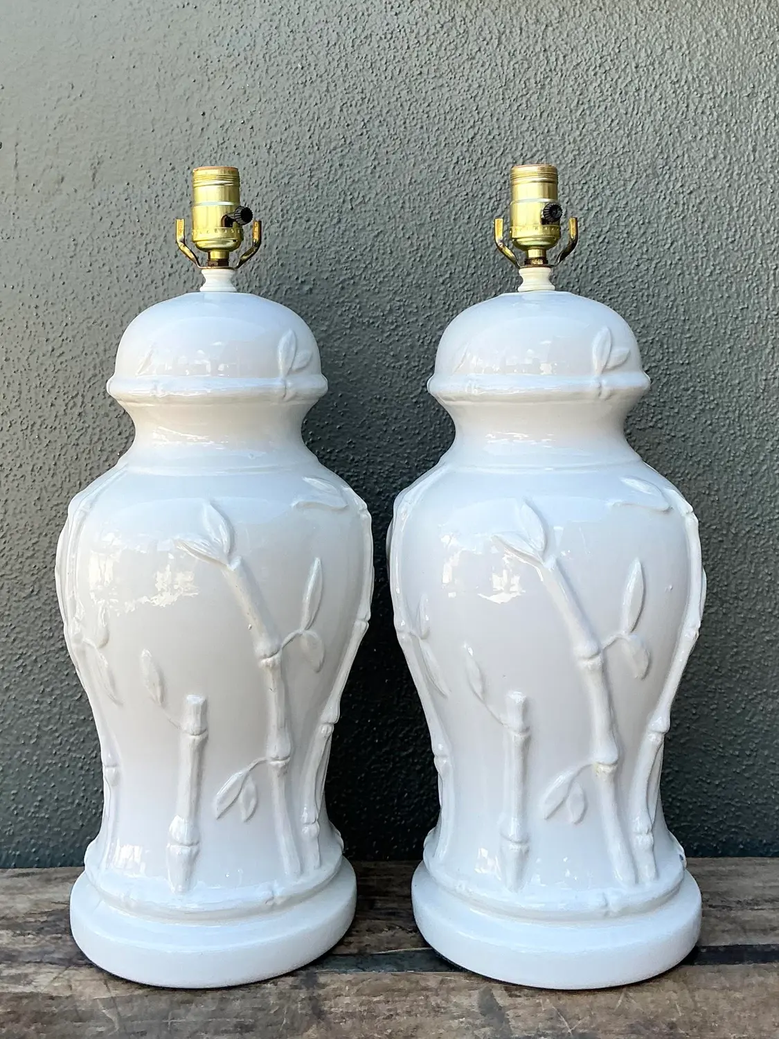 Vintage Glazed Ceramic Bamboo Lamps - A Pair - Side view