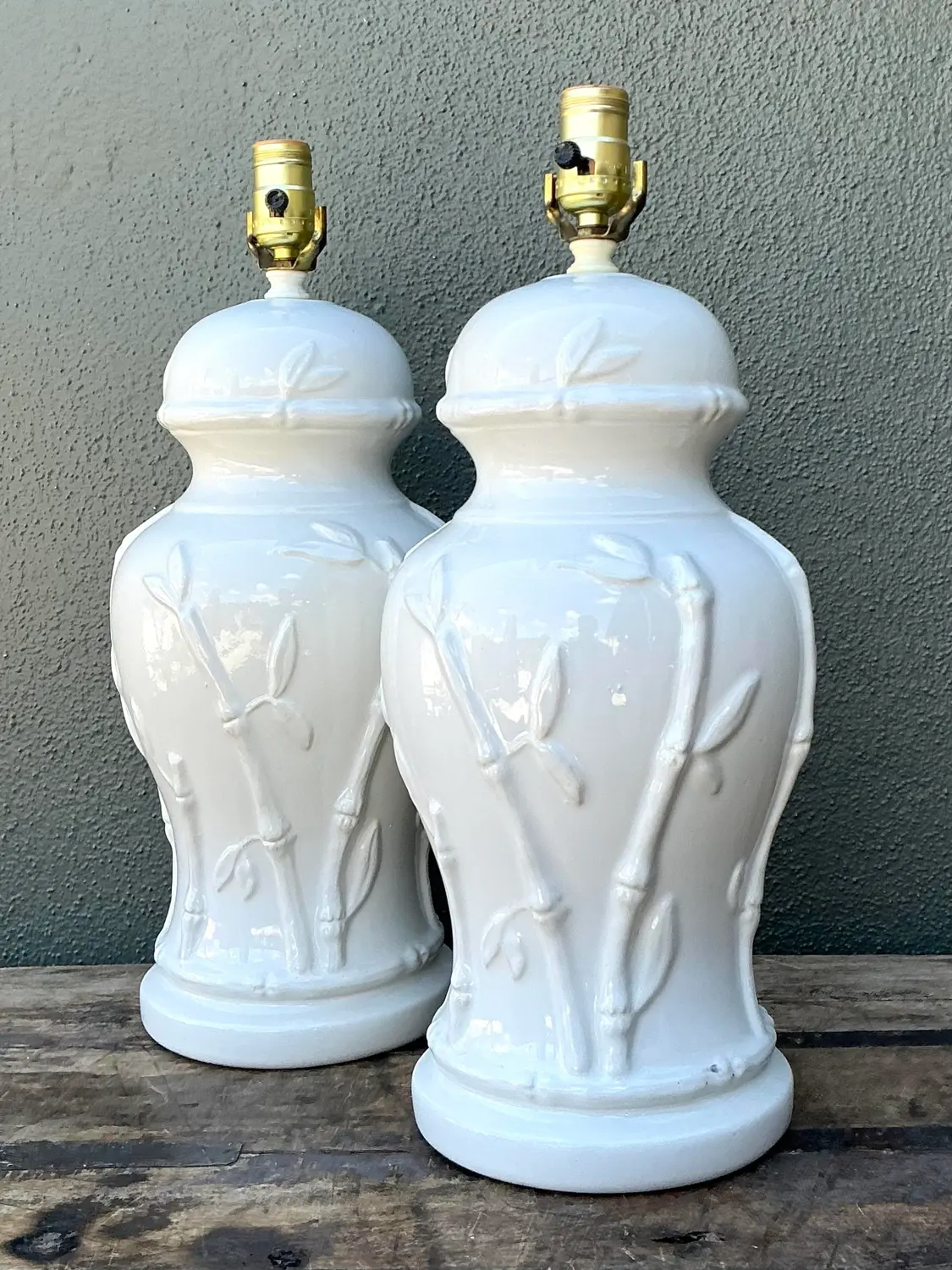Vintage Glazed Ceramic Bamboo Lamps - A Pair - Back view