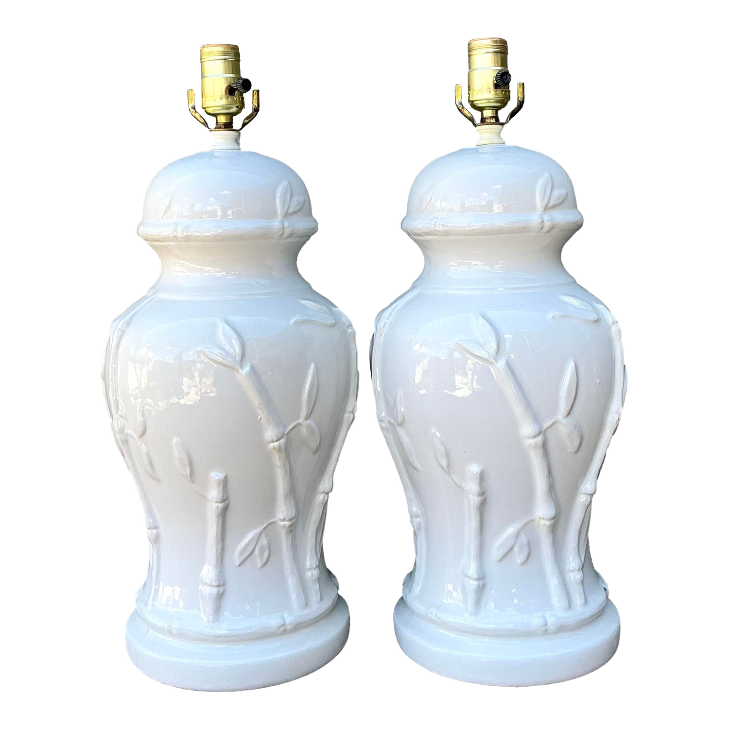 Vintage Glazed Ceramic Bamboo Lamps - A Pair - Detail view