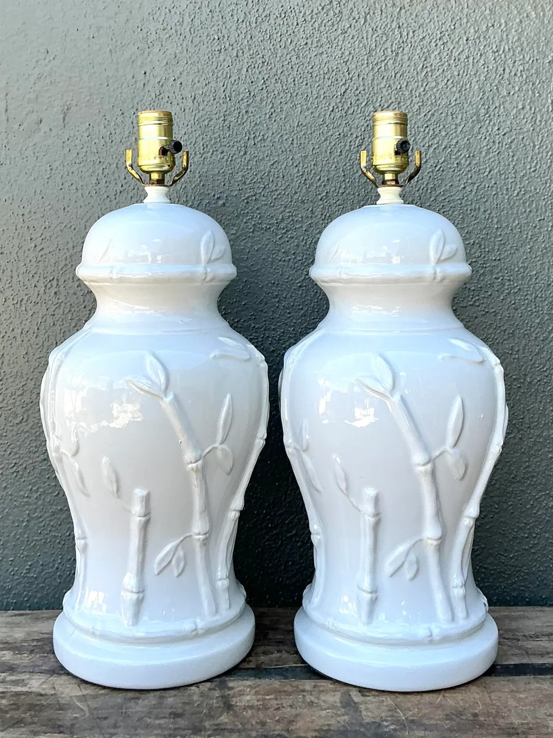 Vintage Glazed Ceramic Bamboo Lamps - A Pair - Top view
