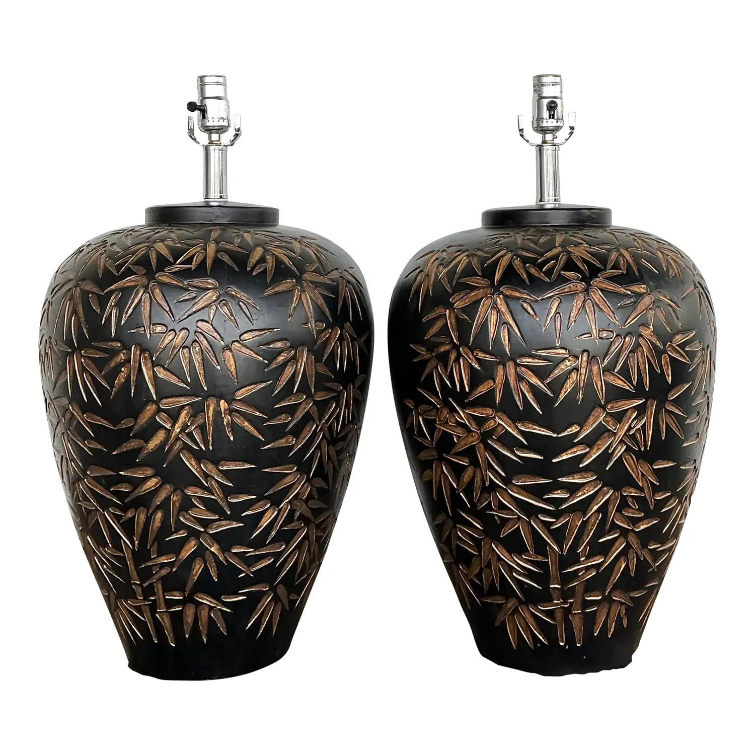 Vintage Glazed Ceramic Bamboo Shoots Lamps - A Pair