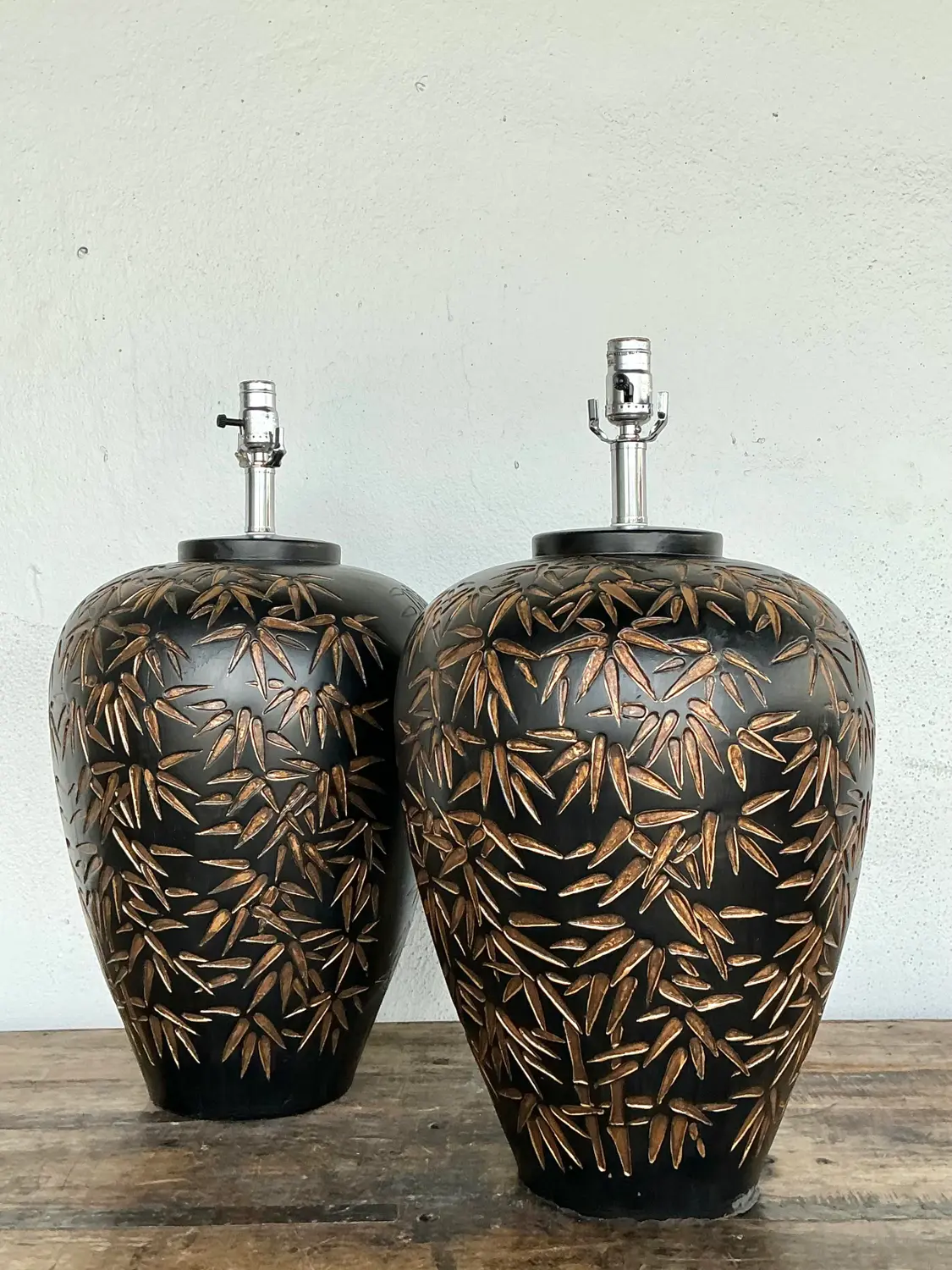 Vintage Glazed Ceramic Bamboo Shoots Lamps - A Pair - Side view