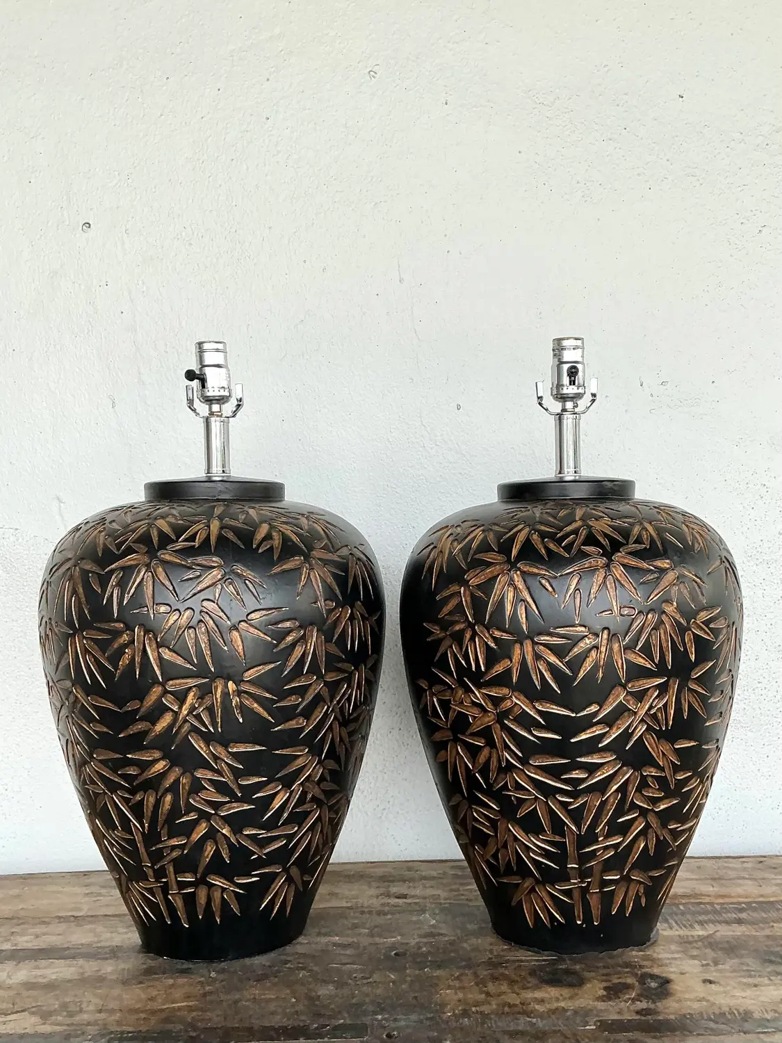 Vintage Glazed Ceramic Bamboo Shoots Lamps - A Pair - Back view