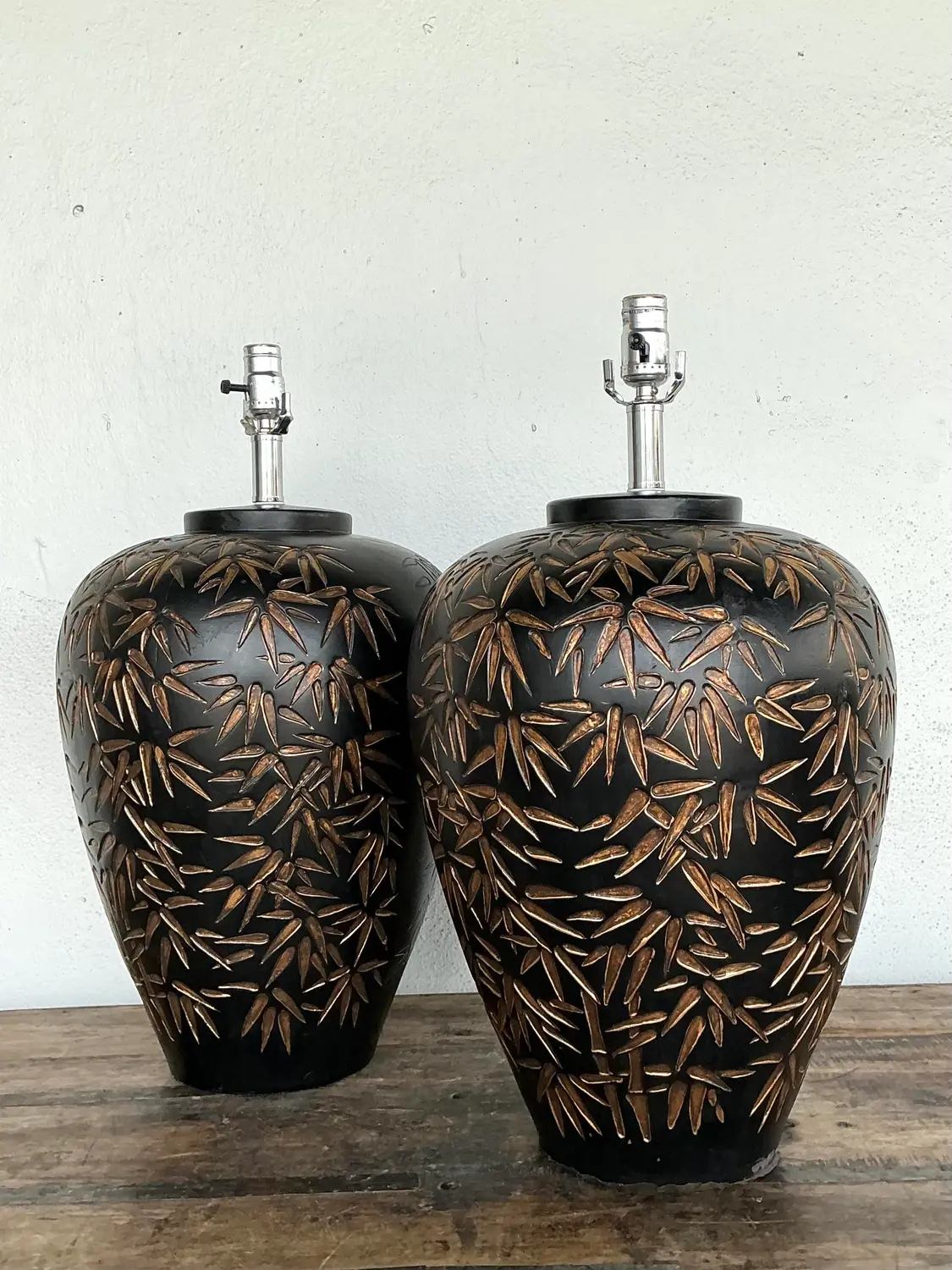 Vintage Glazed Ceramic Bamboo Shoots Lamps - A Pair - Top view