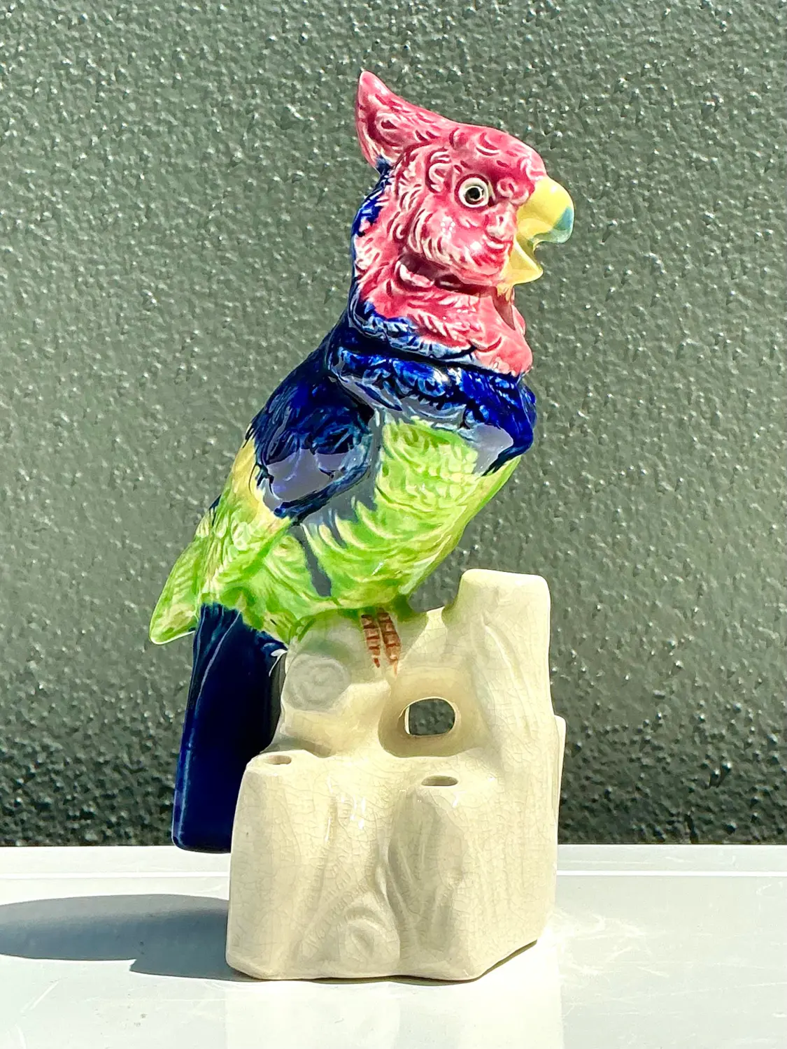 Vintage Glazed Ceramic Bird With Flower Frog - Side view
