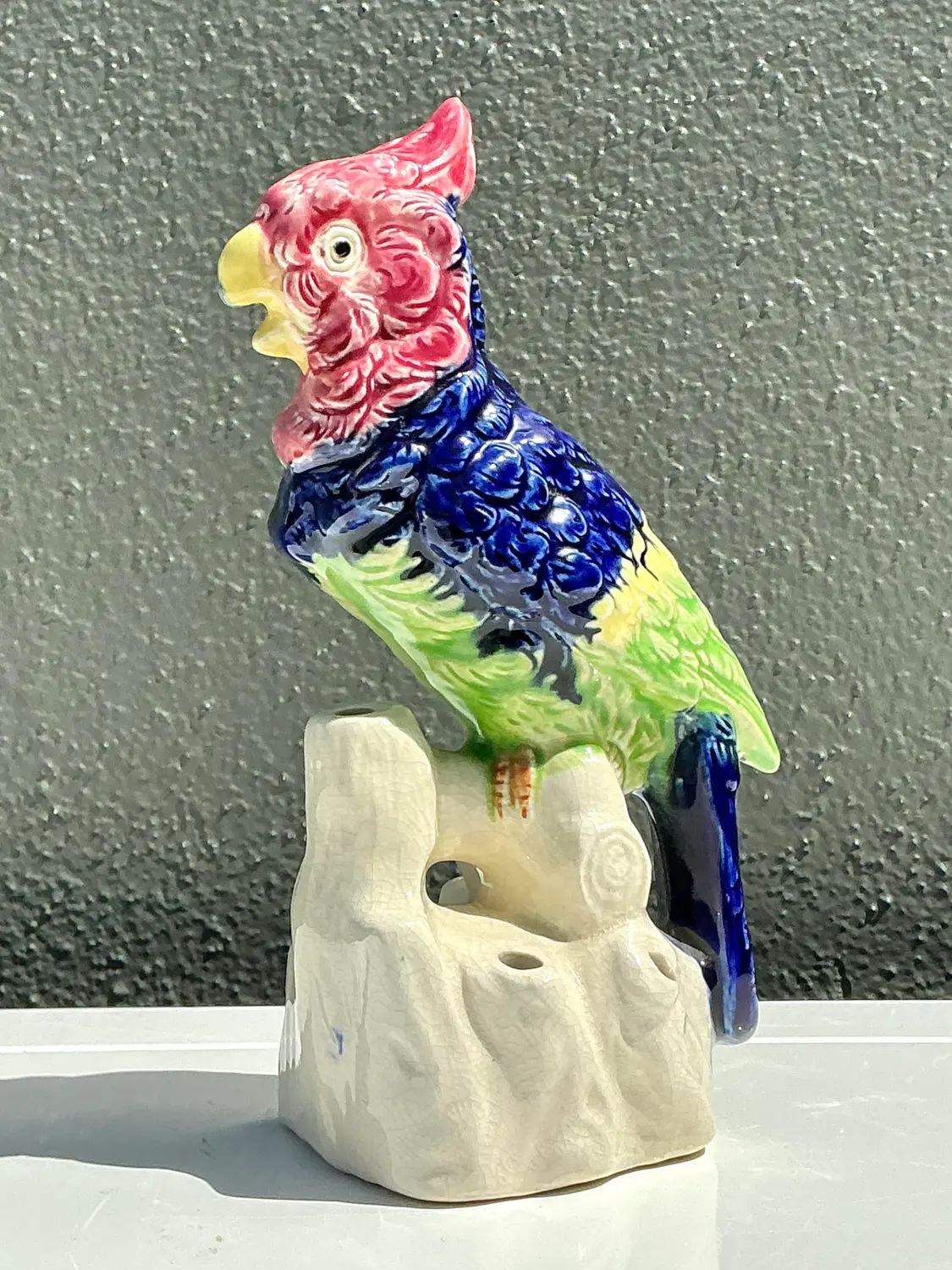 Vintage Glazed Ceramic Bird With Flower Frog - Back view