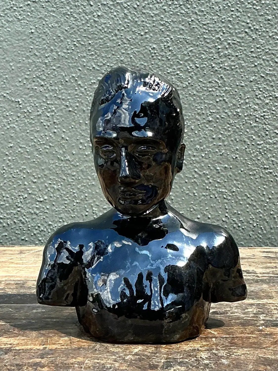 Vintage Glazed Ceramic Bust of Man - Detail view