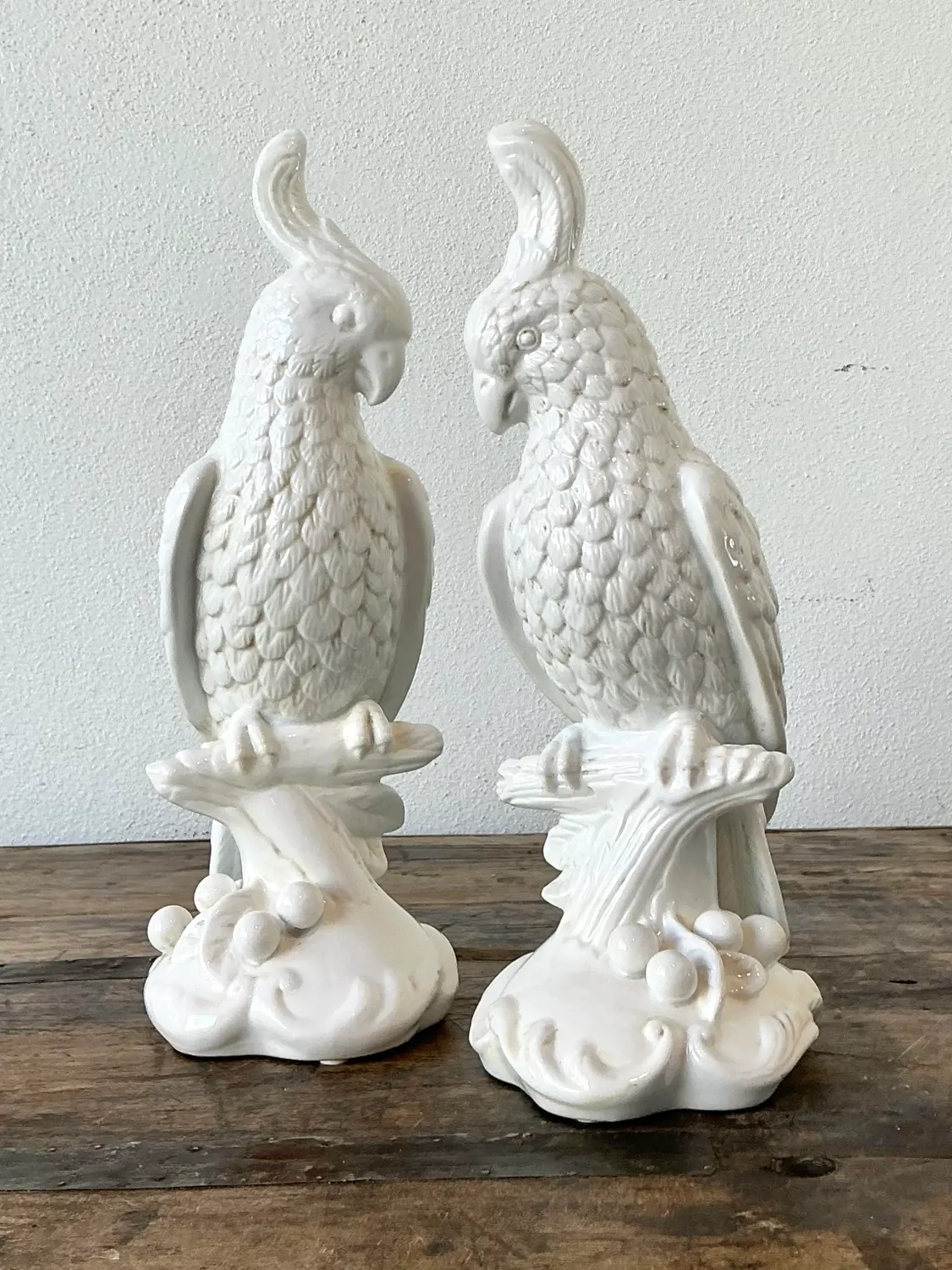 Vintage Glazed Ceramic Cockatoos - A Pair - Top view