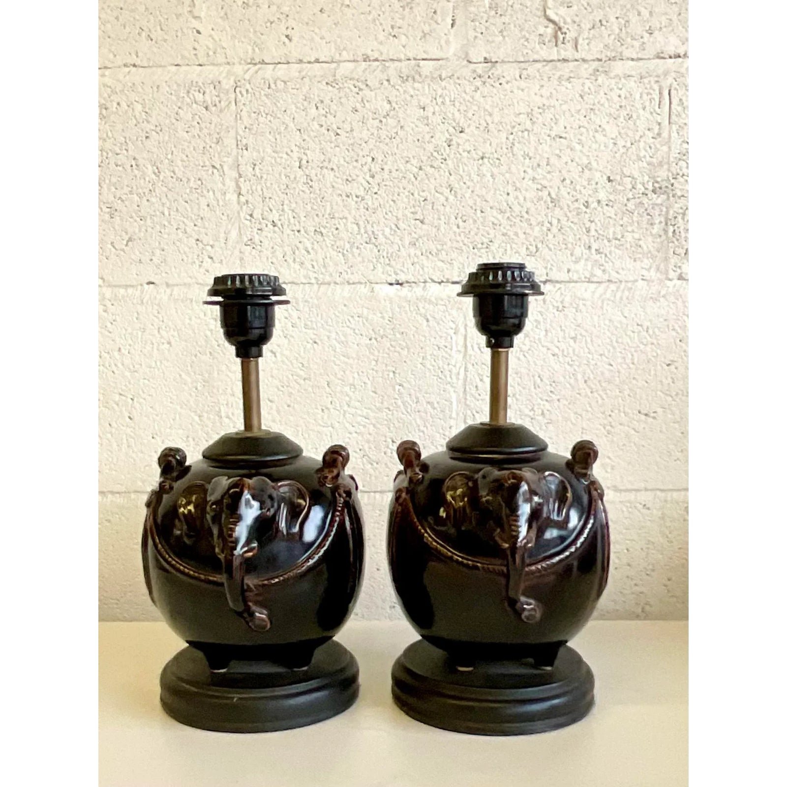 Vintage Glazed Ceramic Elephant Lamps - a Pair - Top view
