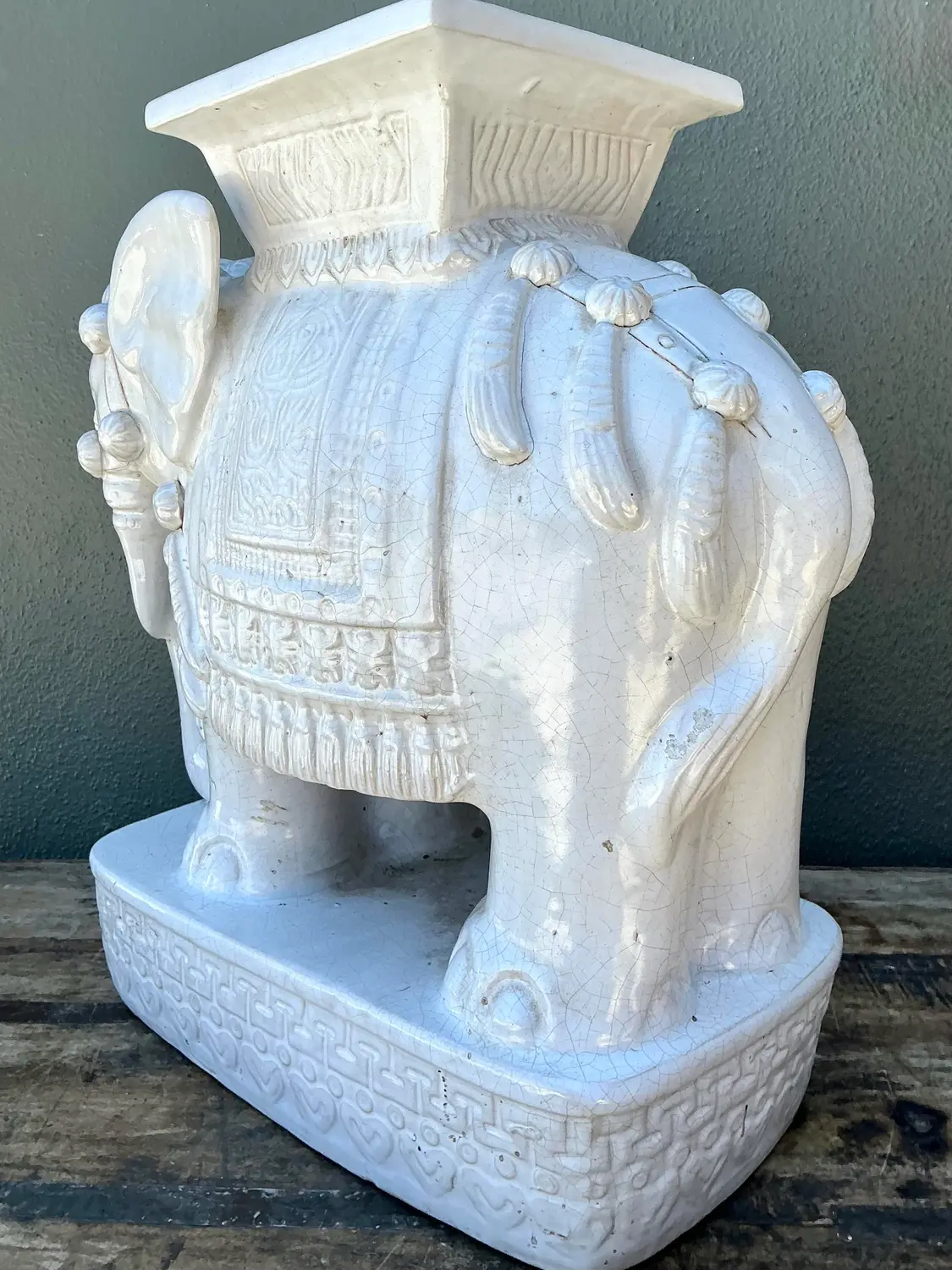 Vintage Glazed Ceramic Elephant Low Stool - Side view