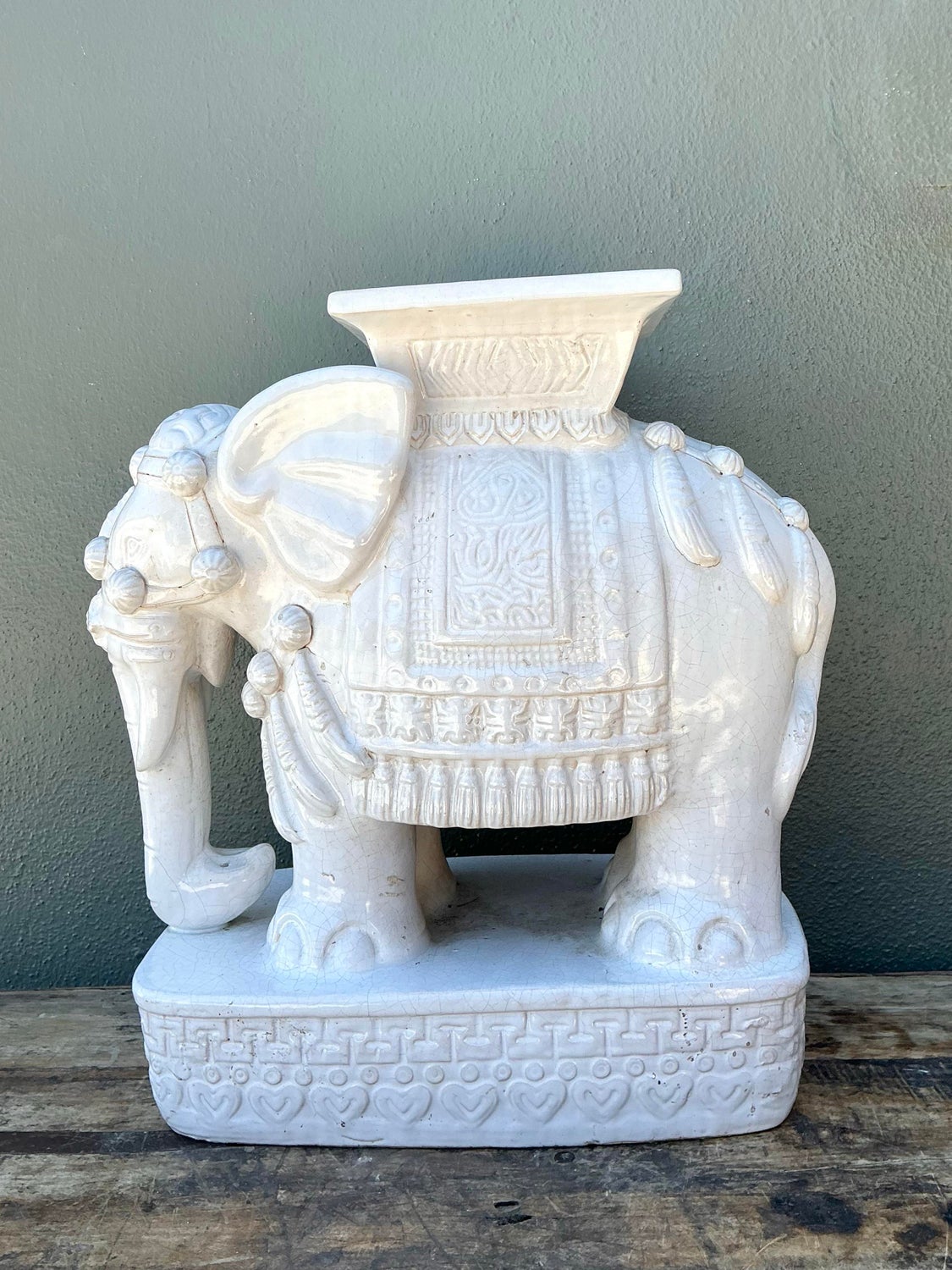 Vintage Glazed Ceramic Elephant Low Stool - Back view