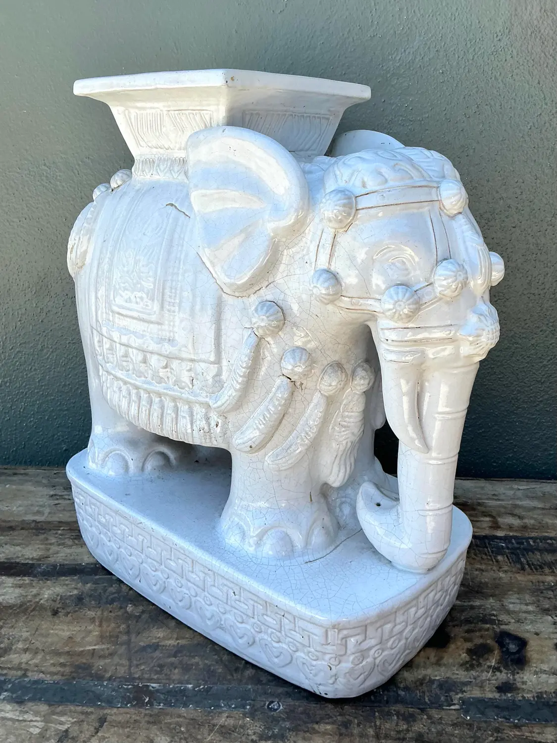 Vintage Glazed Ceramic Elephant Low Stool - Top view