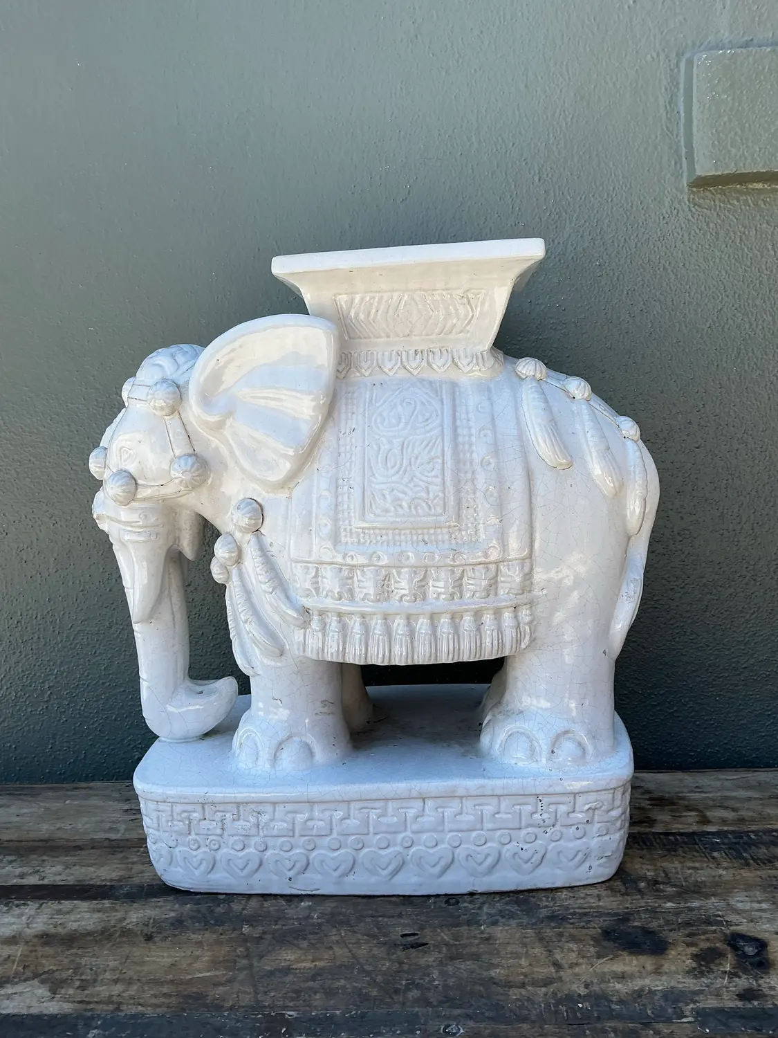 Vintage Glazed Ceramic Elephant Low Stool - Detail view