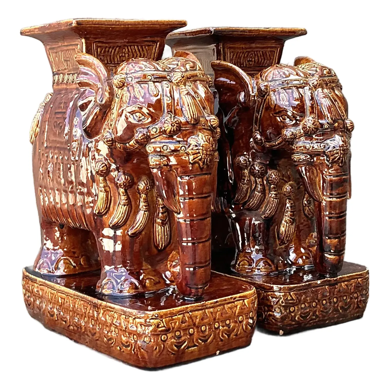 Vintage Glazed Ceramic Elephant Low Stools - A Pair