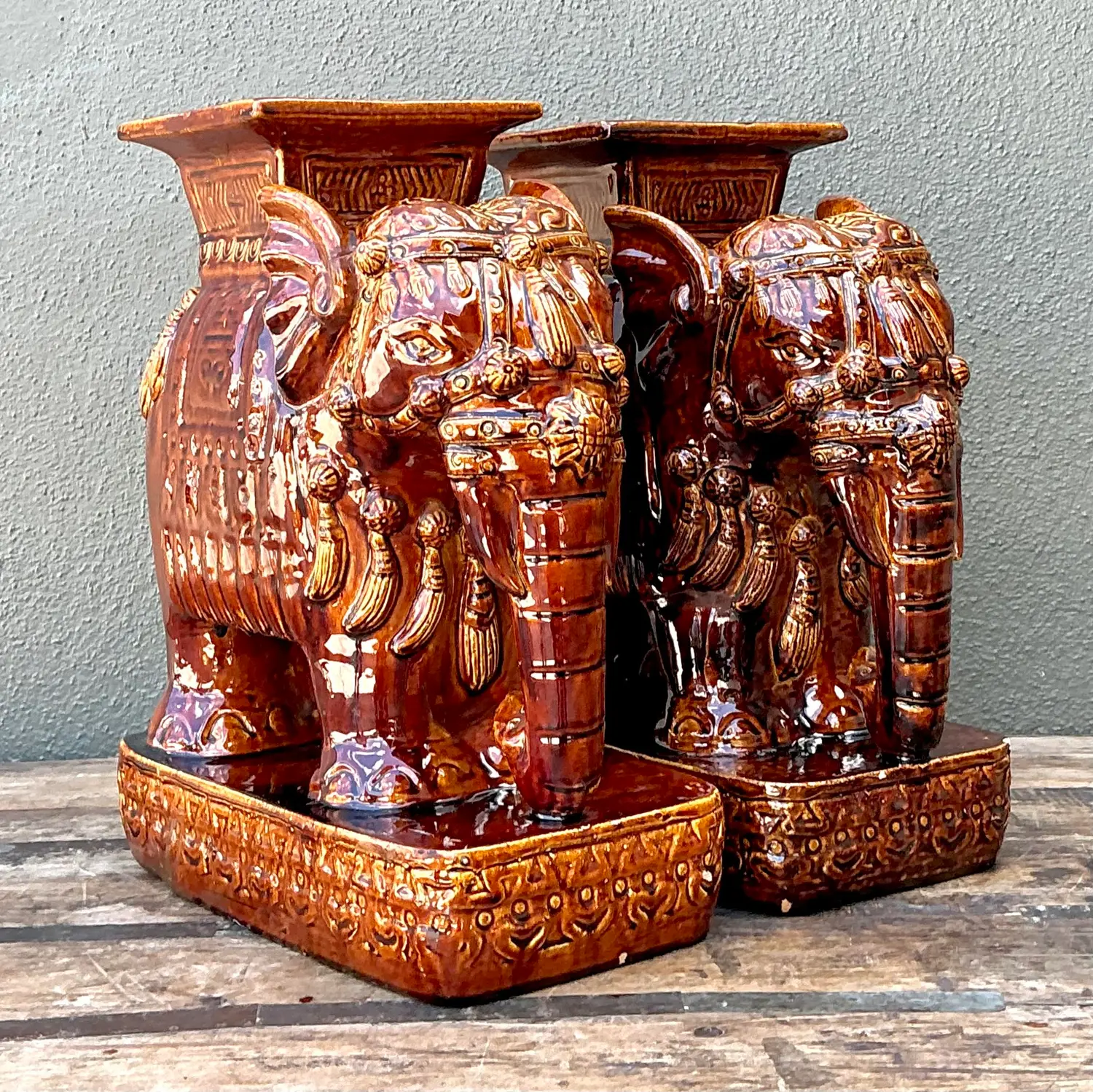 Vintage Glazed Ceramic Elephant Low Stools - A Pair - Back view