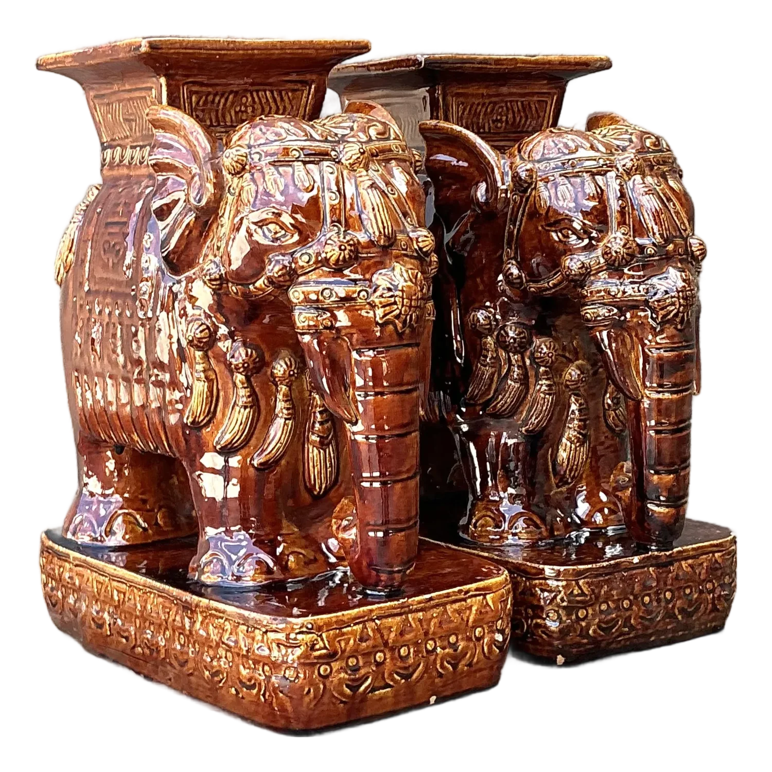 Vintage Glazed Ceramic Elephant Low Stools - A Pair - Detail view