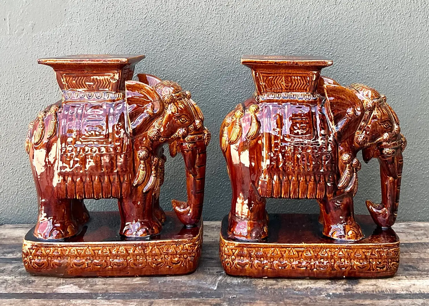 Vintage Glazed Ceramic Elephant Low Stools - A Pair - Side view
