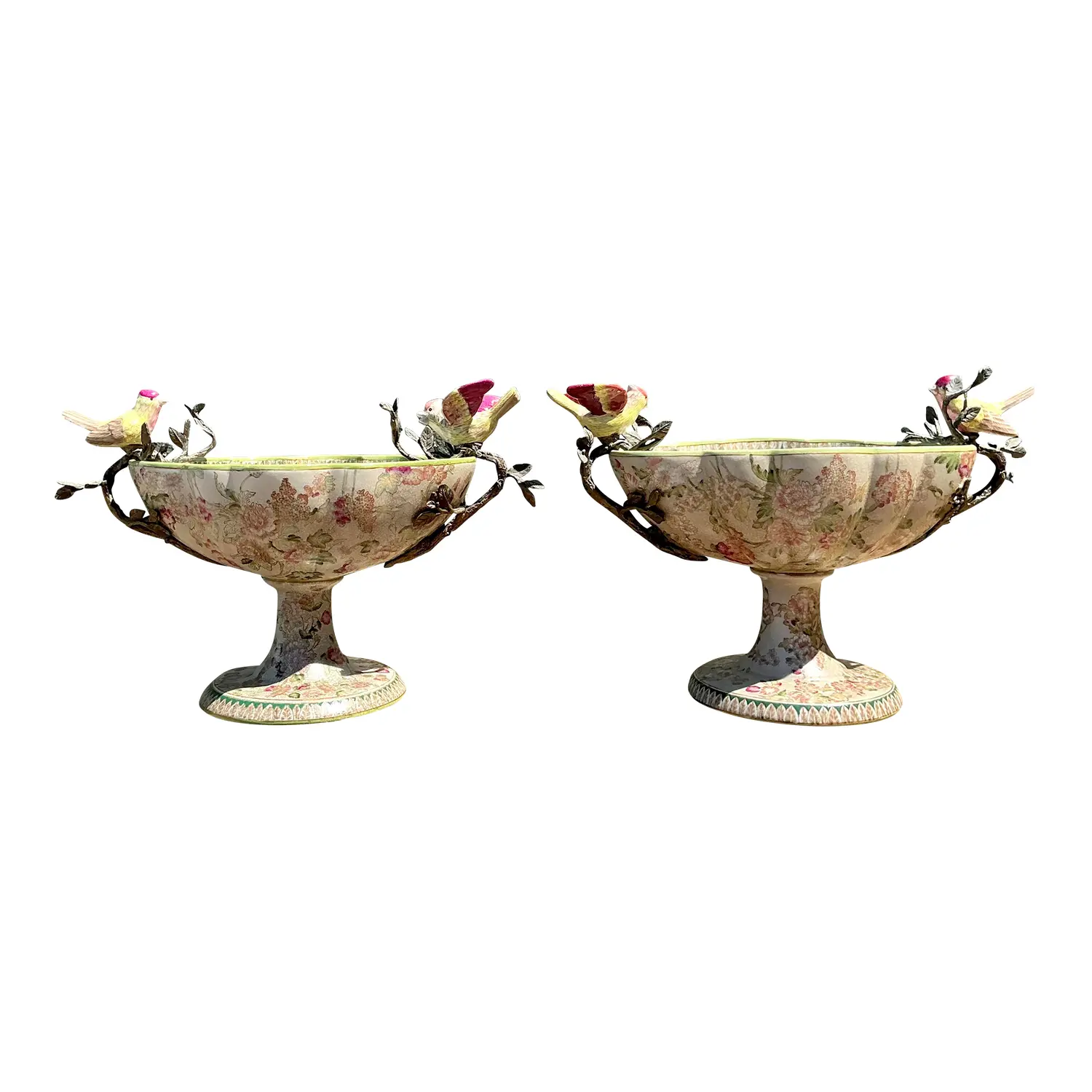 Vintage Glazed Ceramic Floral Bird Urns - A Pair