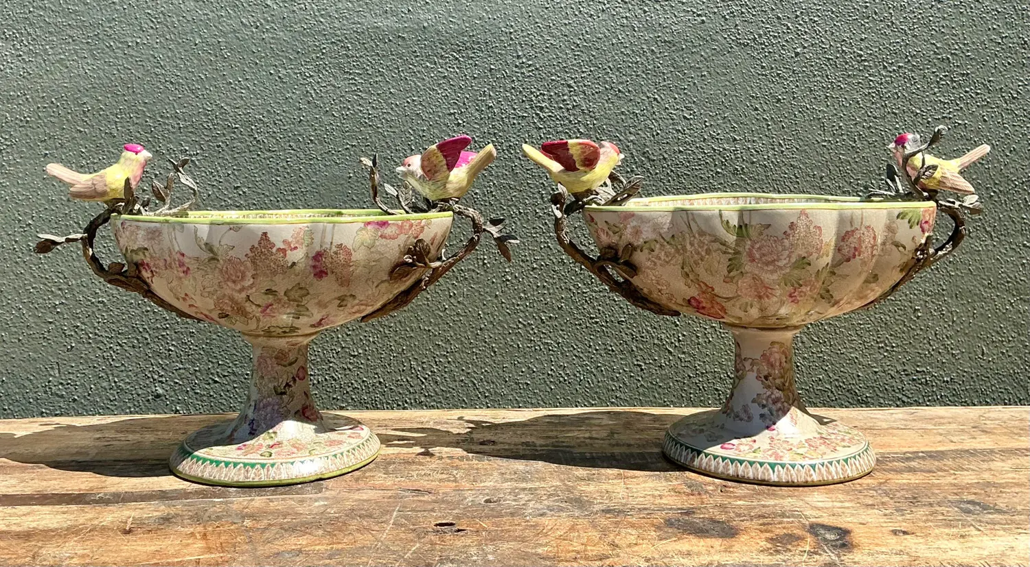 Vintage Glazed Ceramic Floral Bird Urns - A Pair - Detail view