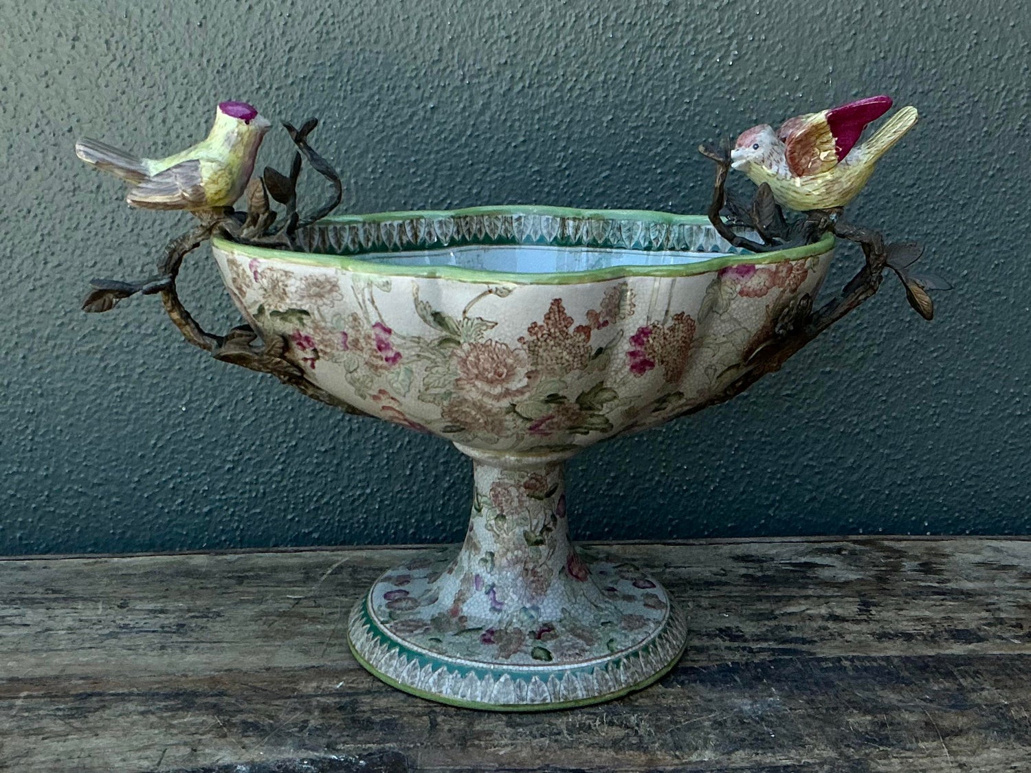 Vintage Glazed Ceramic Floral Bird Urns - A Pair - Top view