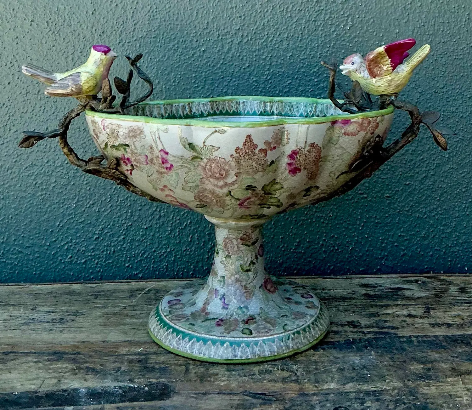 Vintage Glazed Ceramic Floral Bird Urns - A Pair - Back view