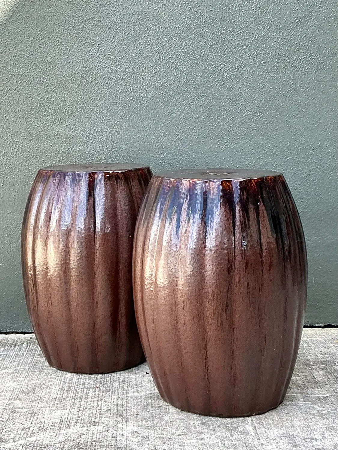 Vintage Glazed Ceramic Glazed Low Stools - A Pair - Back view