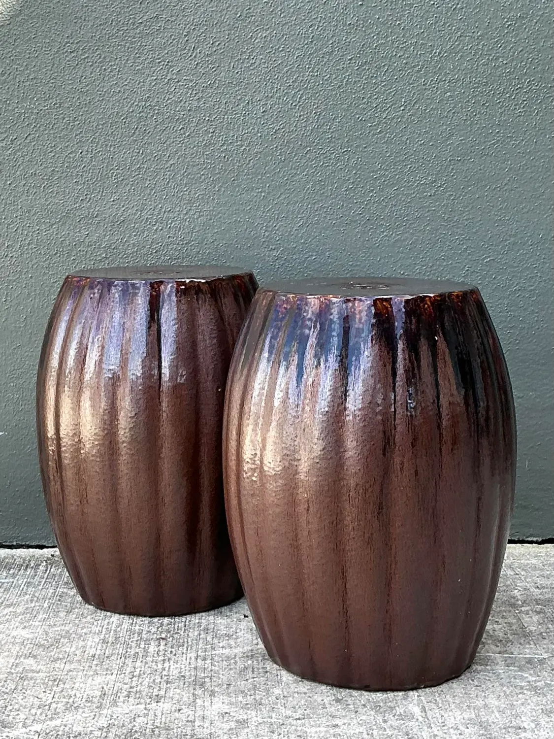 Vintage Glazed Ceramic Glazed Low Stools - A Pair - Top view