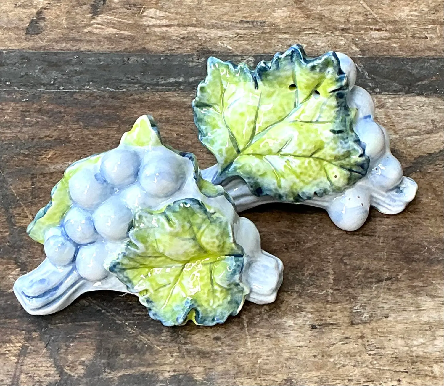 Vintage Glazed Ceramic Grape Leaf Salt and Pepper - Back view