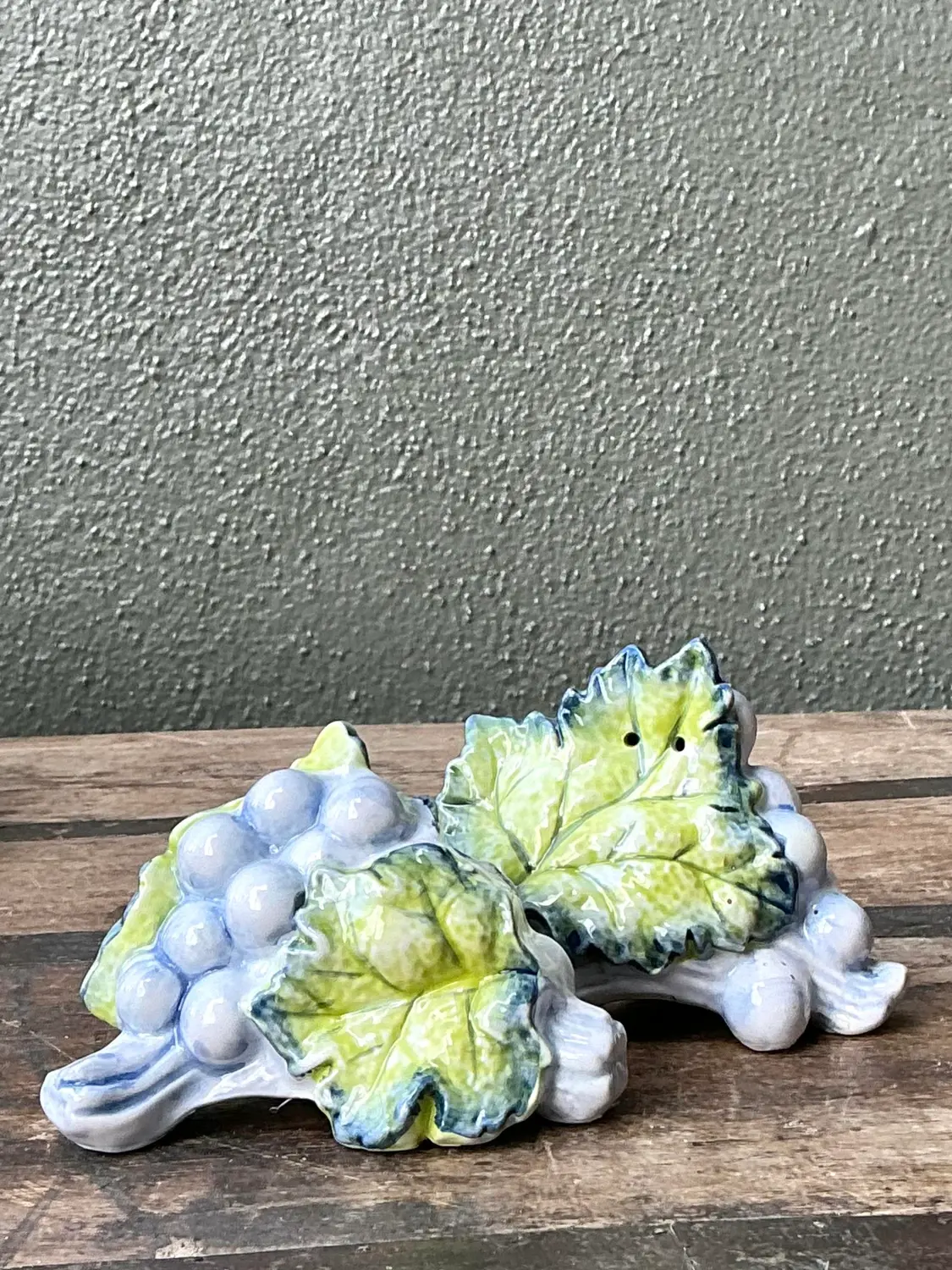 Vintage Glazed Ceramic Grape Leaf Salt and Pepper - Top view