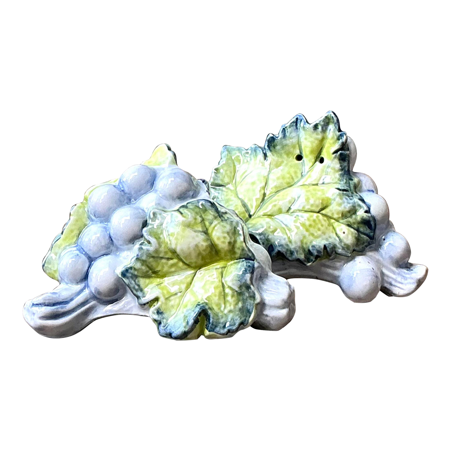 Vintage Glazed Ceramic Grape Leaf Salt and Pepper - Side view