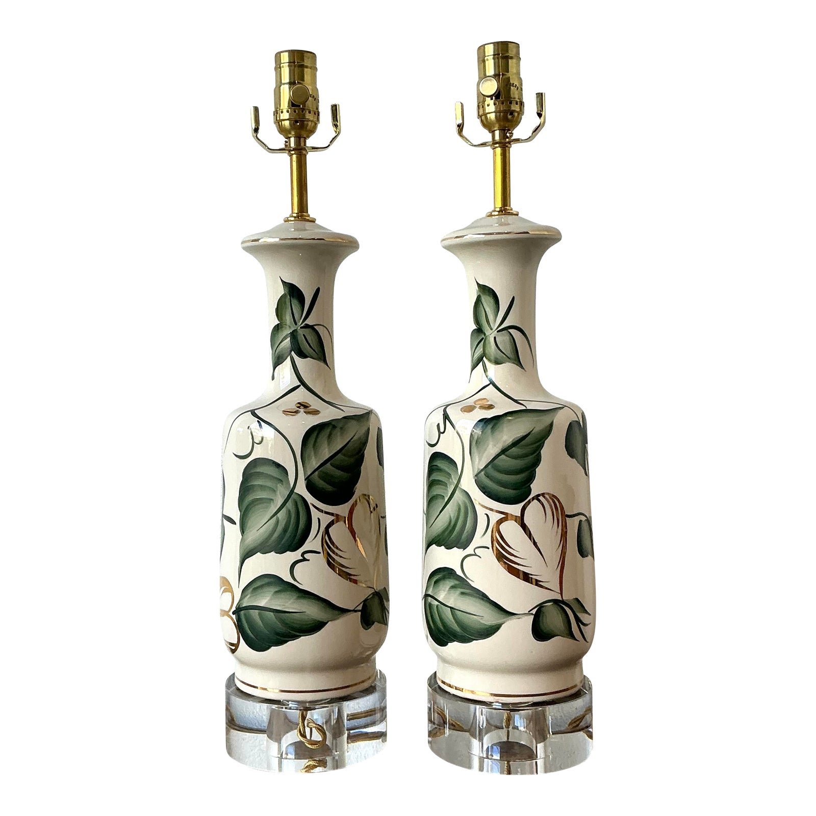Vintage Glazed Ceramic Ivy Lamps - A Pair