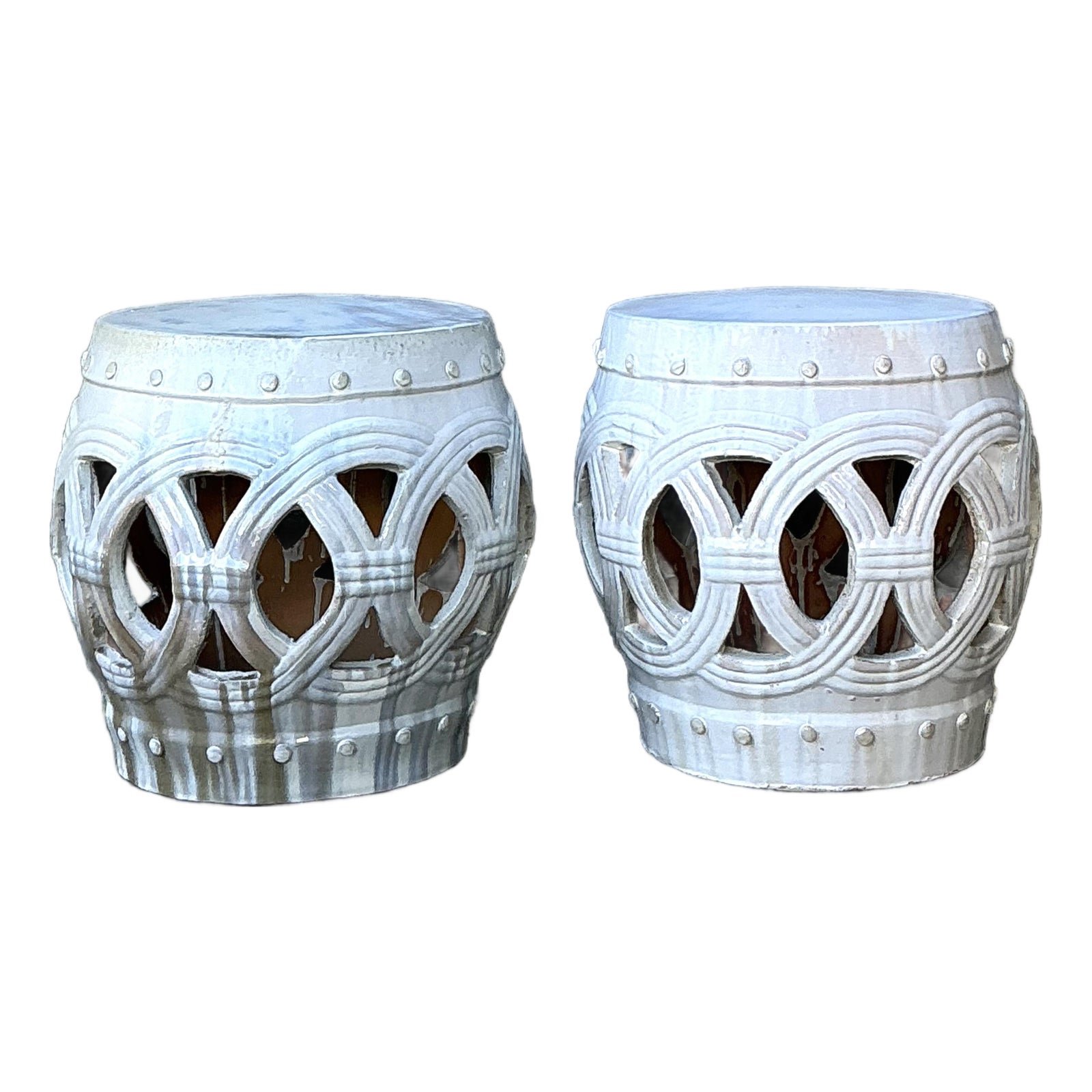 Vintage Glazed Ceramic Keyhole Garden Stools - A Pair