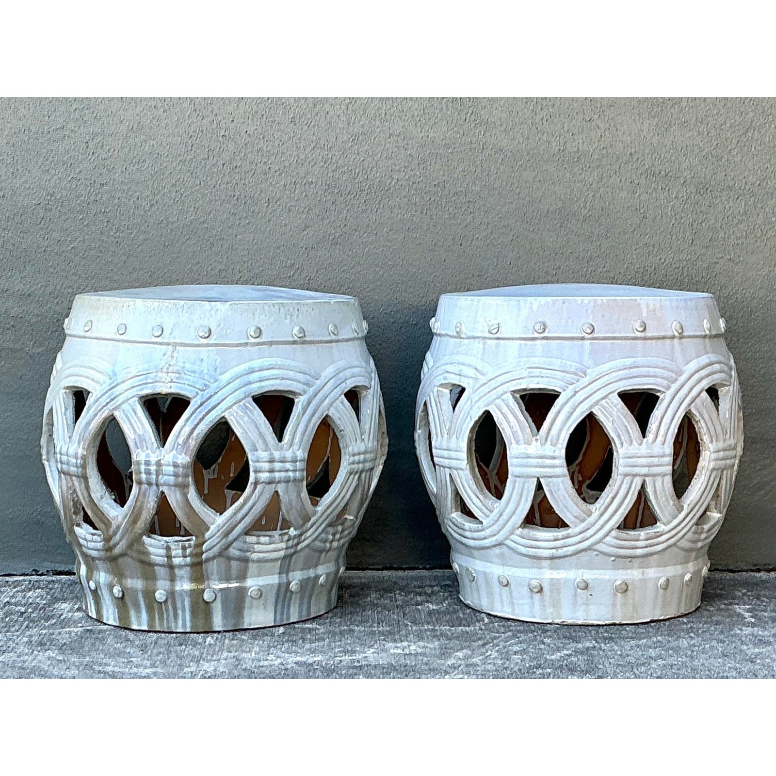 Vintage Glazed Ceramic Keyhole Garden Stools - A Pair - Detail view