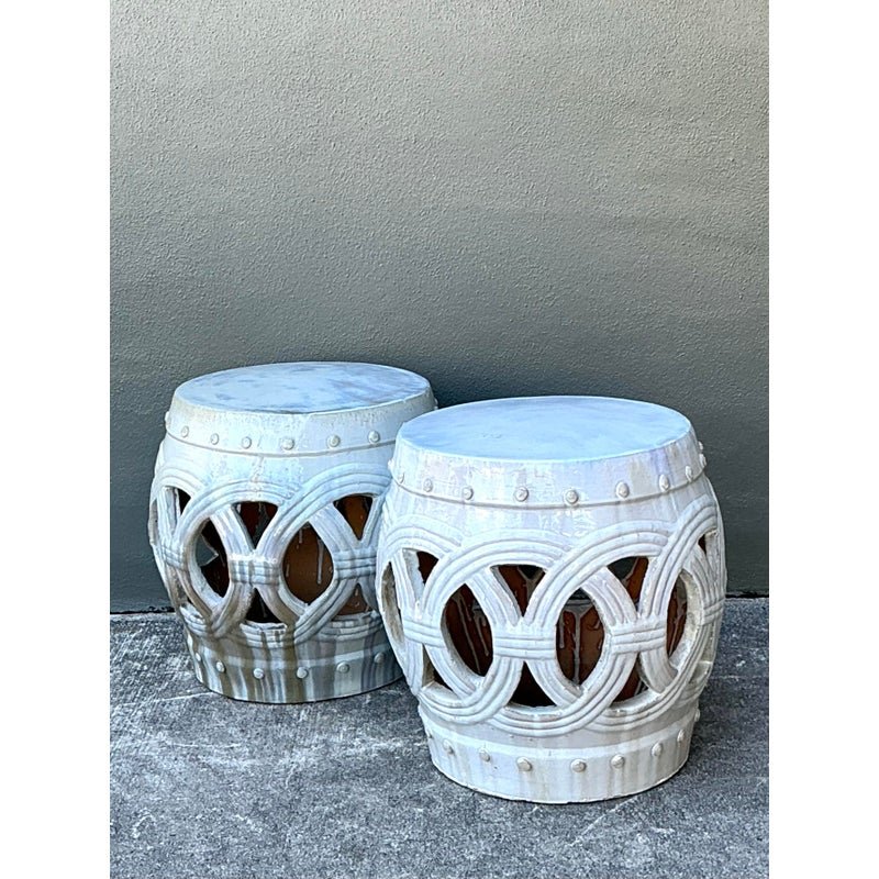 Vintage Glazed Ceramic Keyhole Garden Stools - A Pair - Top view