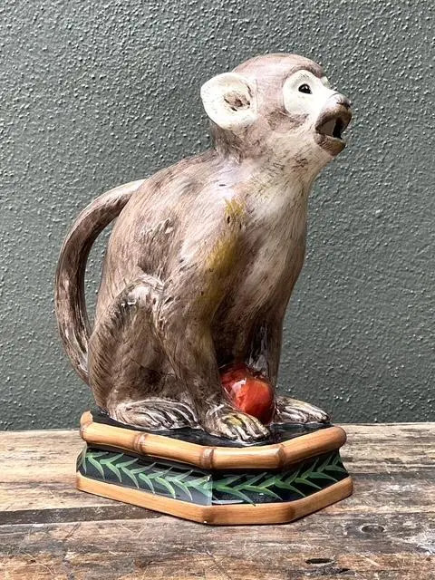 Vintage Glazed Ceramic Monkey Pitcher - Side view