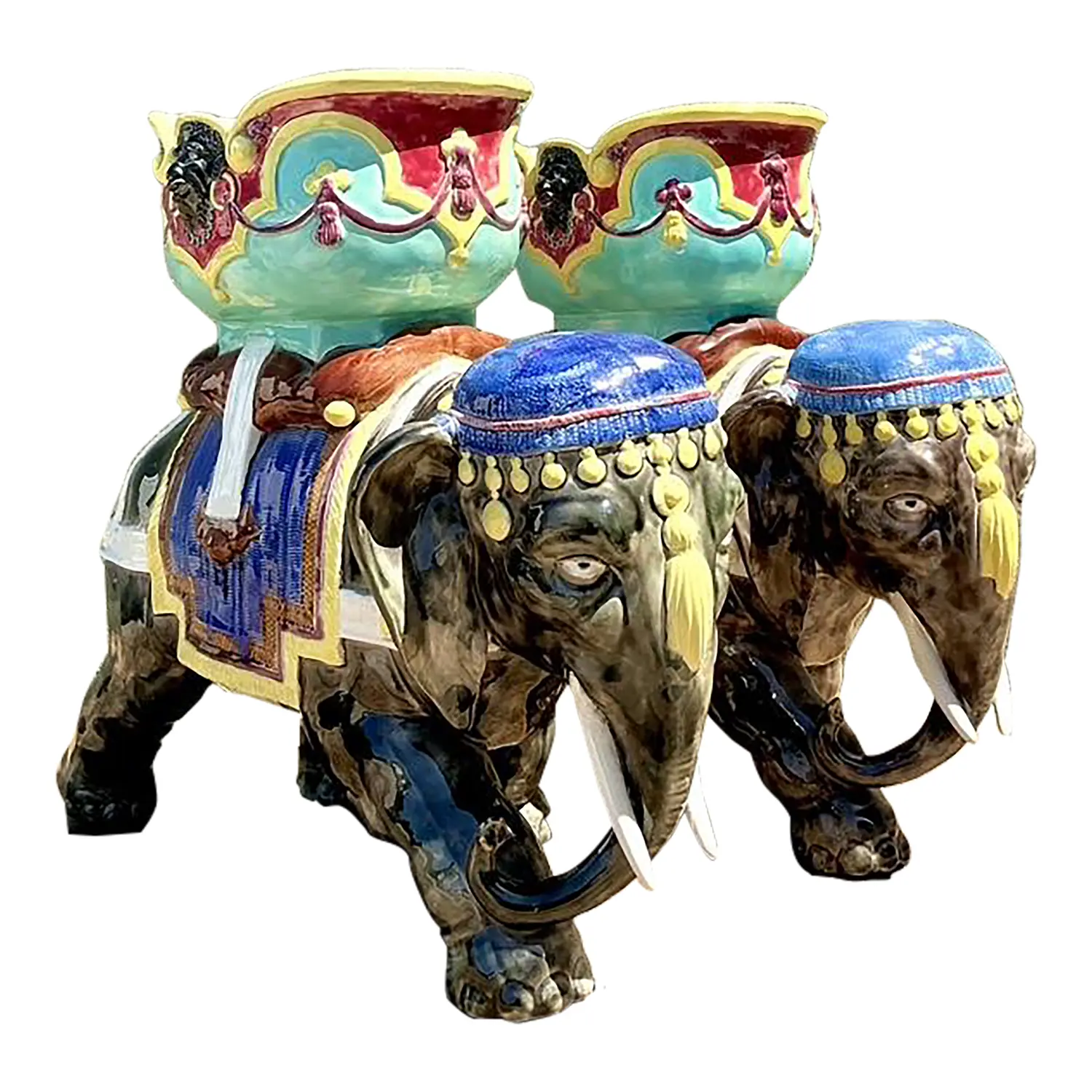 Vintage Glazed Ceramic Polychromed Elephants - A Pair
