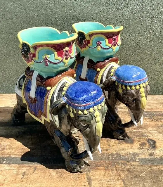 Vintage Glazed Ceramic Polychromed Elephants - A Pair - Detail view