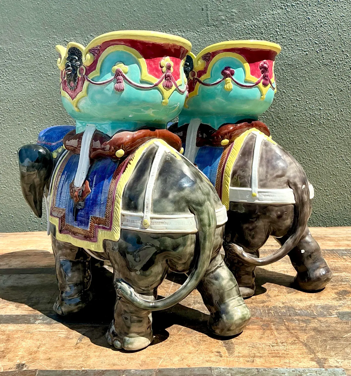 Vintage Glazed Ceramic Polychromed Elephants - A Pair - Side view