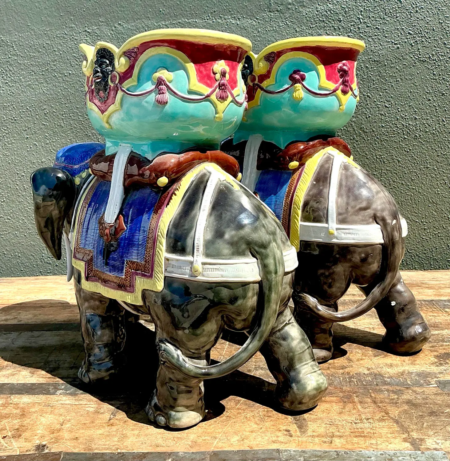 Vintage Glazed Ceramic Polychromed Elephants - A Pair - Top view