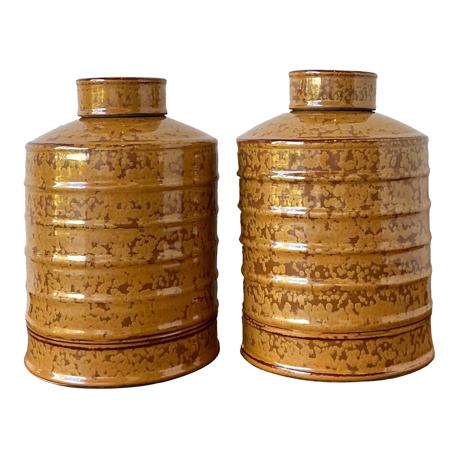 Vintage Glazed Ceramic Ribbed Lidded Urns - A Pair