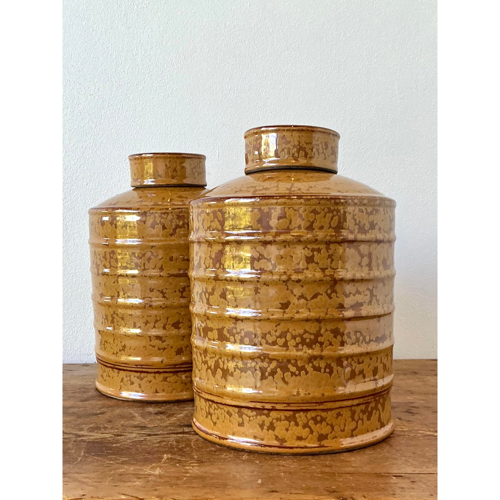 Vintage Glazed Ceramic Ribbed Lidded Urns - A Pair - Side view