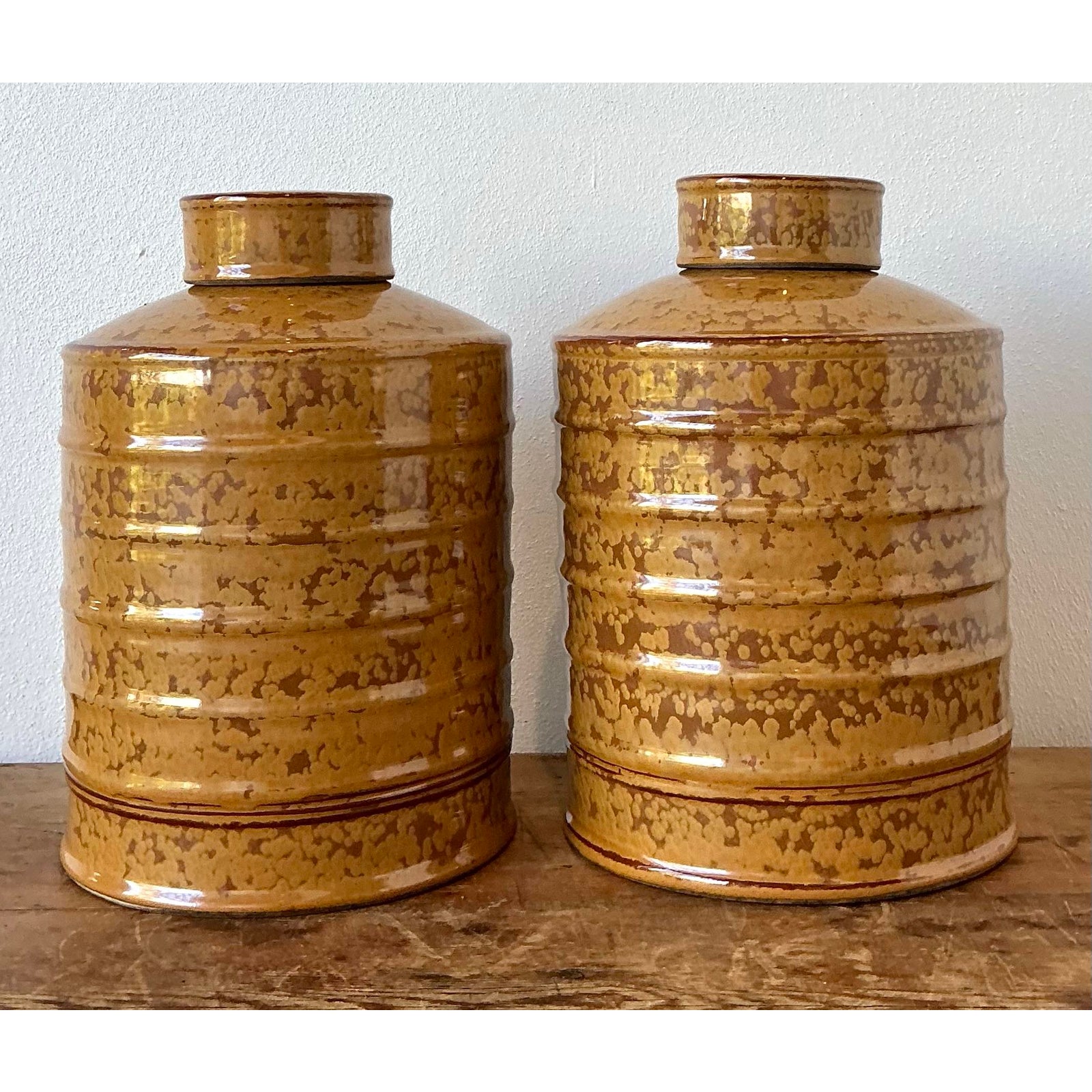 Vintage Glazed Ceramic Ribbed Lidded Urns - A Pair - Detail view